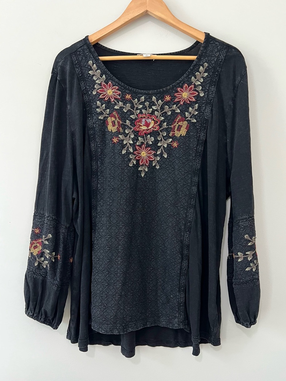 Style & Co Boho Floral Embroidered Lace Knit Top Black 3X Plus